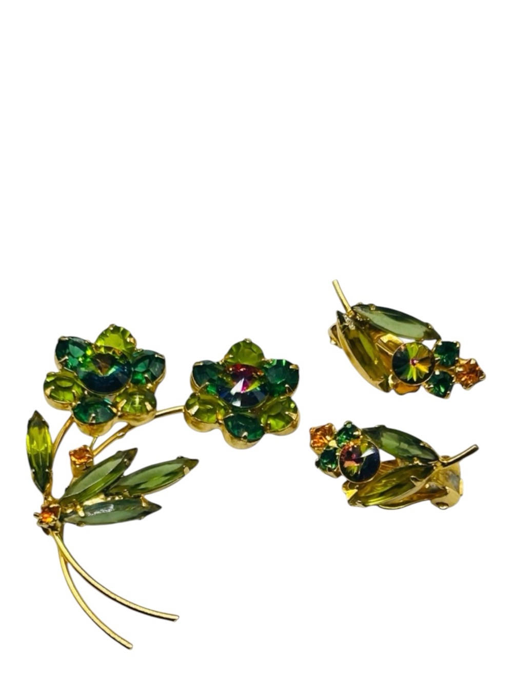 Vintage Green Watermelon Rivoli Flower Brooch and Earring Set